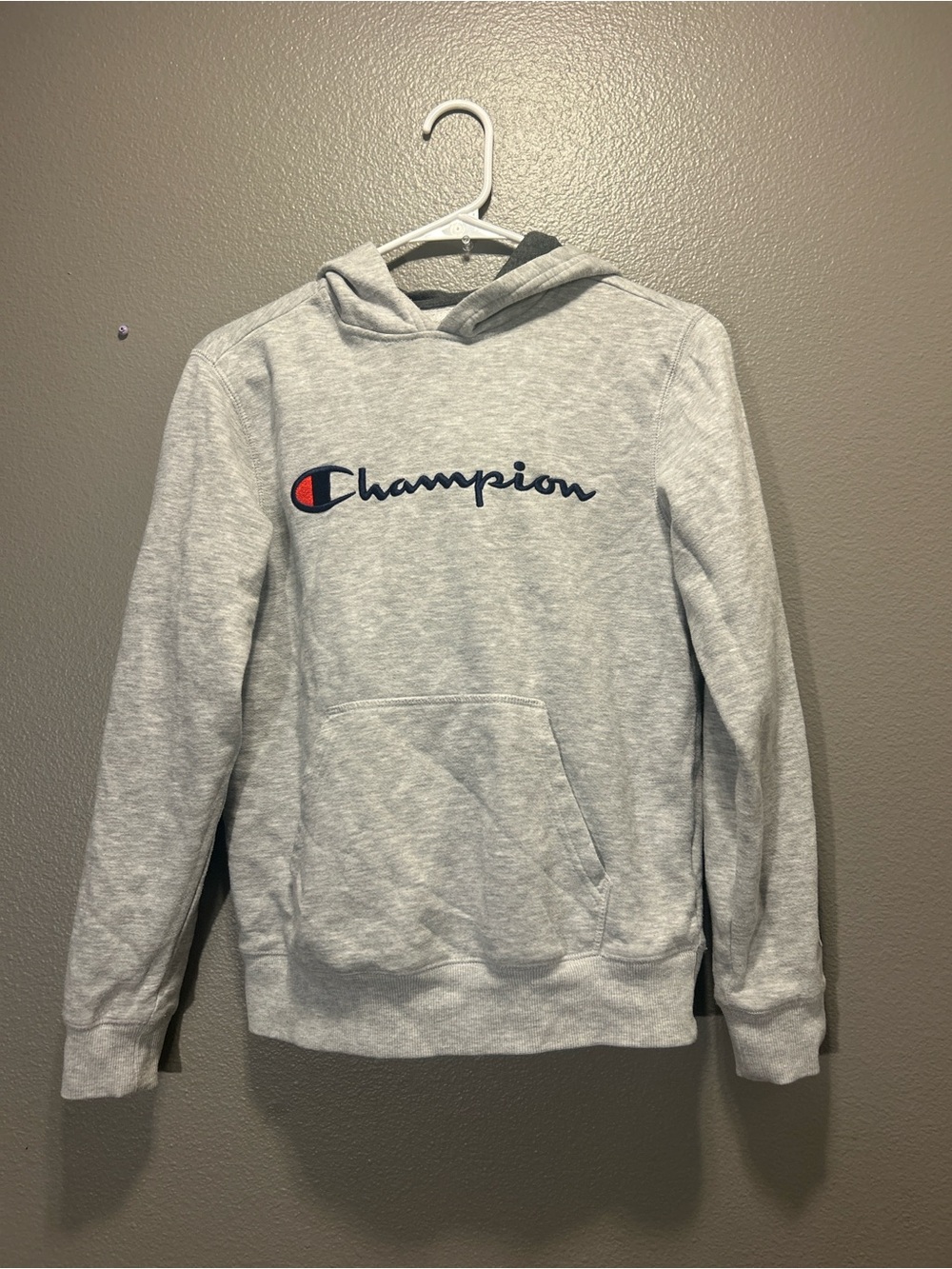 Champion Script Logo Hoodie Sweatshirt Boys Kids Youth Large L Gray Pullover